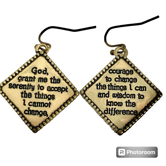 Serenity Prayer Earrings Silver Gold Tone AA NA Alcoholics Anonymous Dangle - Picture 3 of 9